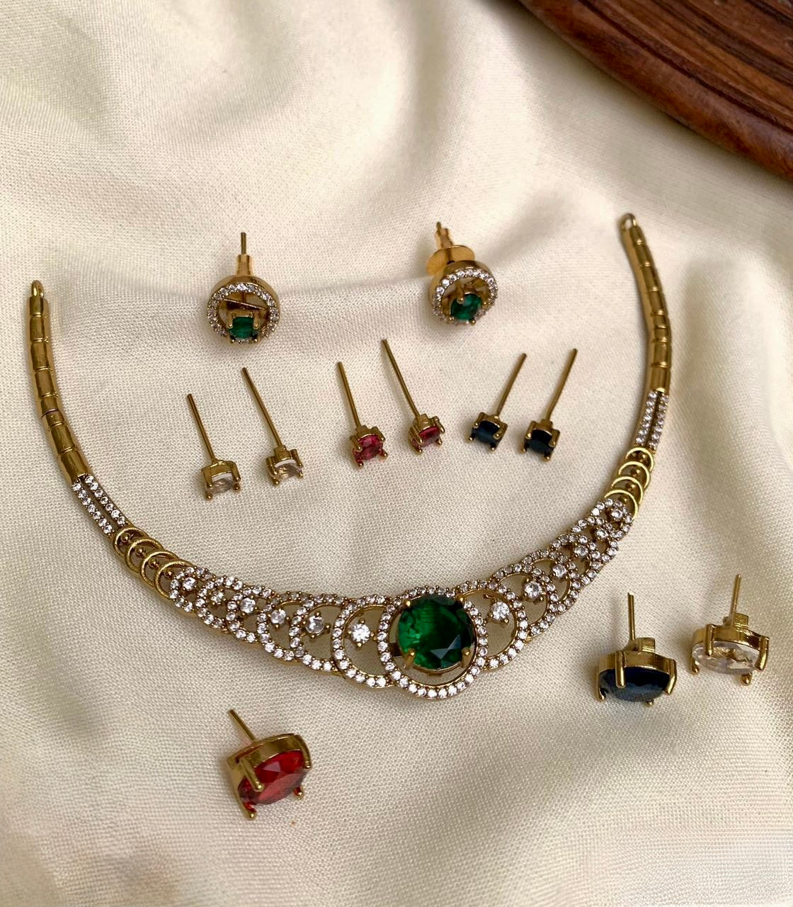 Lara - Interchangeable Pendant & Earring Stone Statement AD Necklace Set