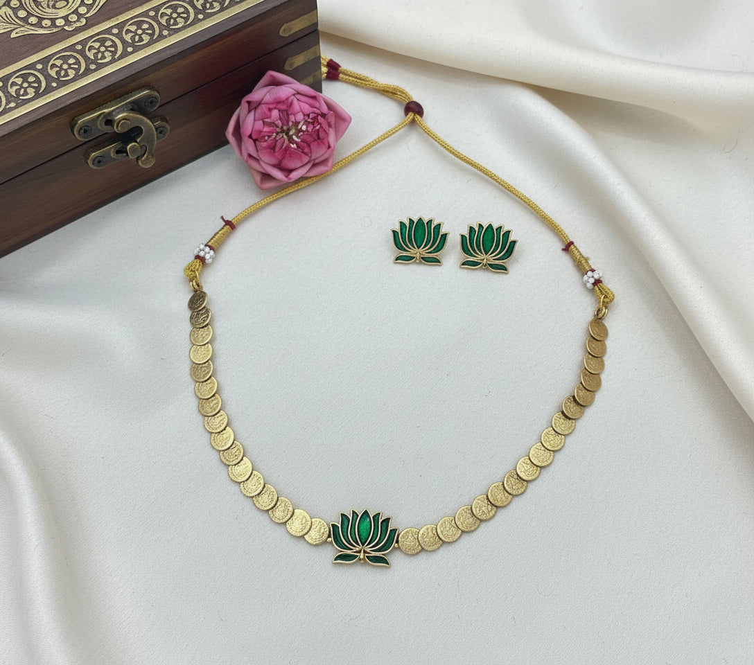 Padmini - Green Lotus and Kaashu Coin Necklace Set with Matching Earrings