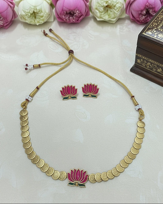 Padmini - Pink and Green Lotus and Kaashu Coin Choker Set with Matching Earrings