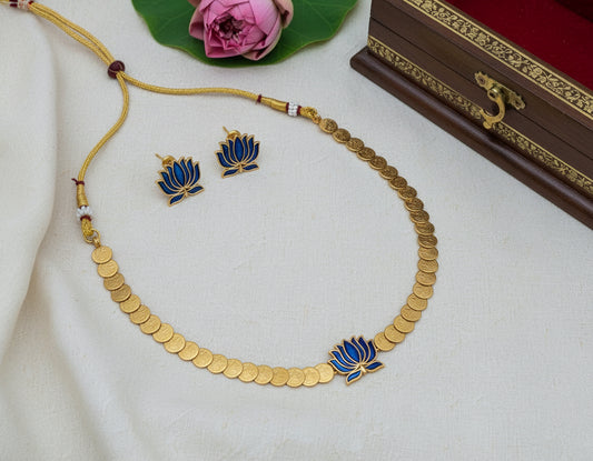 Padmini - Blue Lotus and Kaashu Coin Necklace Set with Matching Earrings