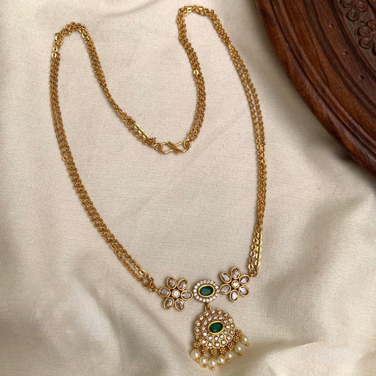Neethu - Green and Golden Long Chain With AD Pendant