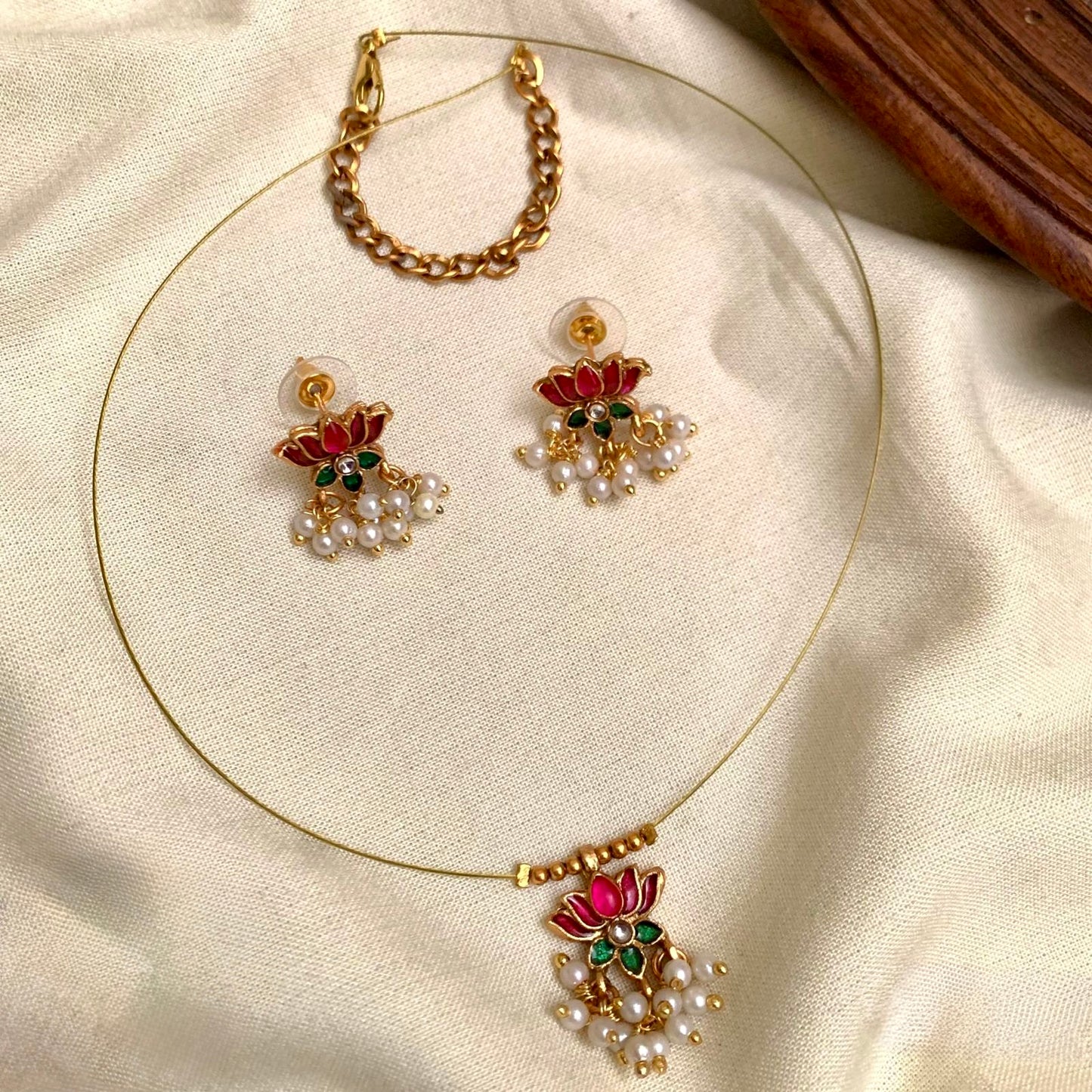 Reena - Pink and Green - Invisible Chain with Lotus and Pearl Pendant with Matching Earrings
