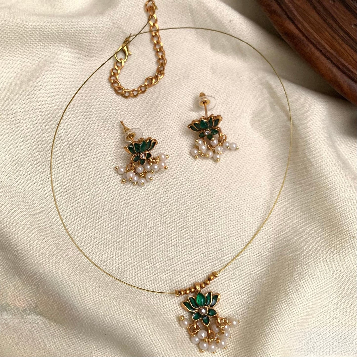 Reena - Green - Invisible Chain with Lotus and Pearl Pendant with Matching Earrings