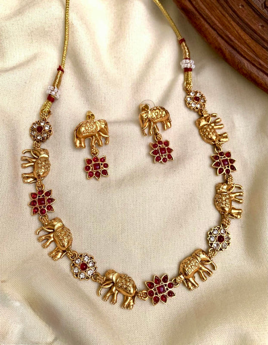 Gajendra - Red Elephant and Flower Necklace Set with Matching Earrings