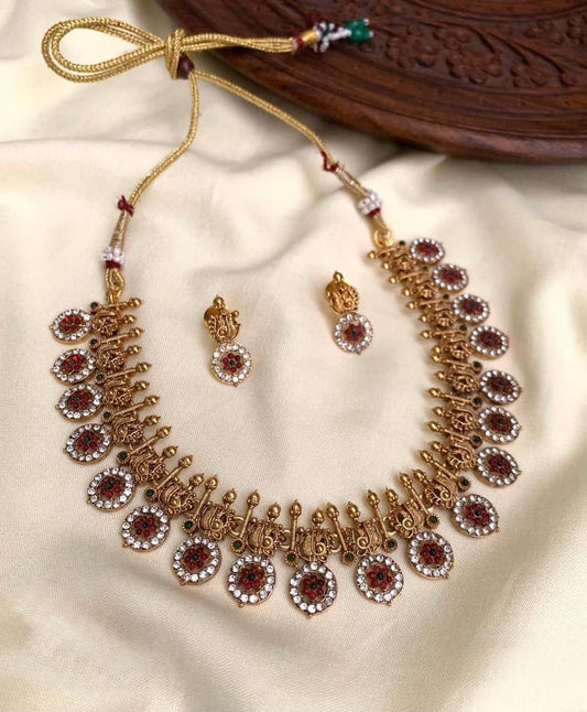 Heera - Red and White Stone Coin Design Necklace Set with Matching Earrings