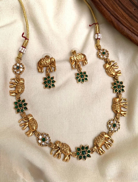 Gajendra - Green Red Elephant and Flower Necklace Set with Matching Earrings