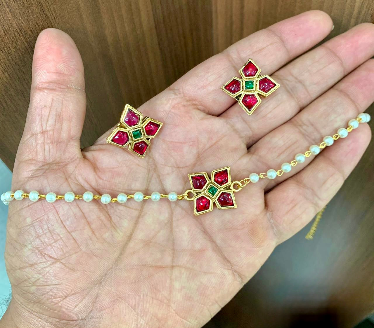 Disha - Elegant Pearl Choker with Red and Green Geometric Pendant and Matching Earrings