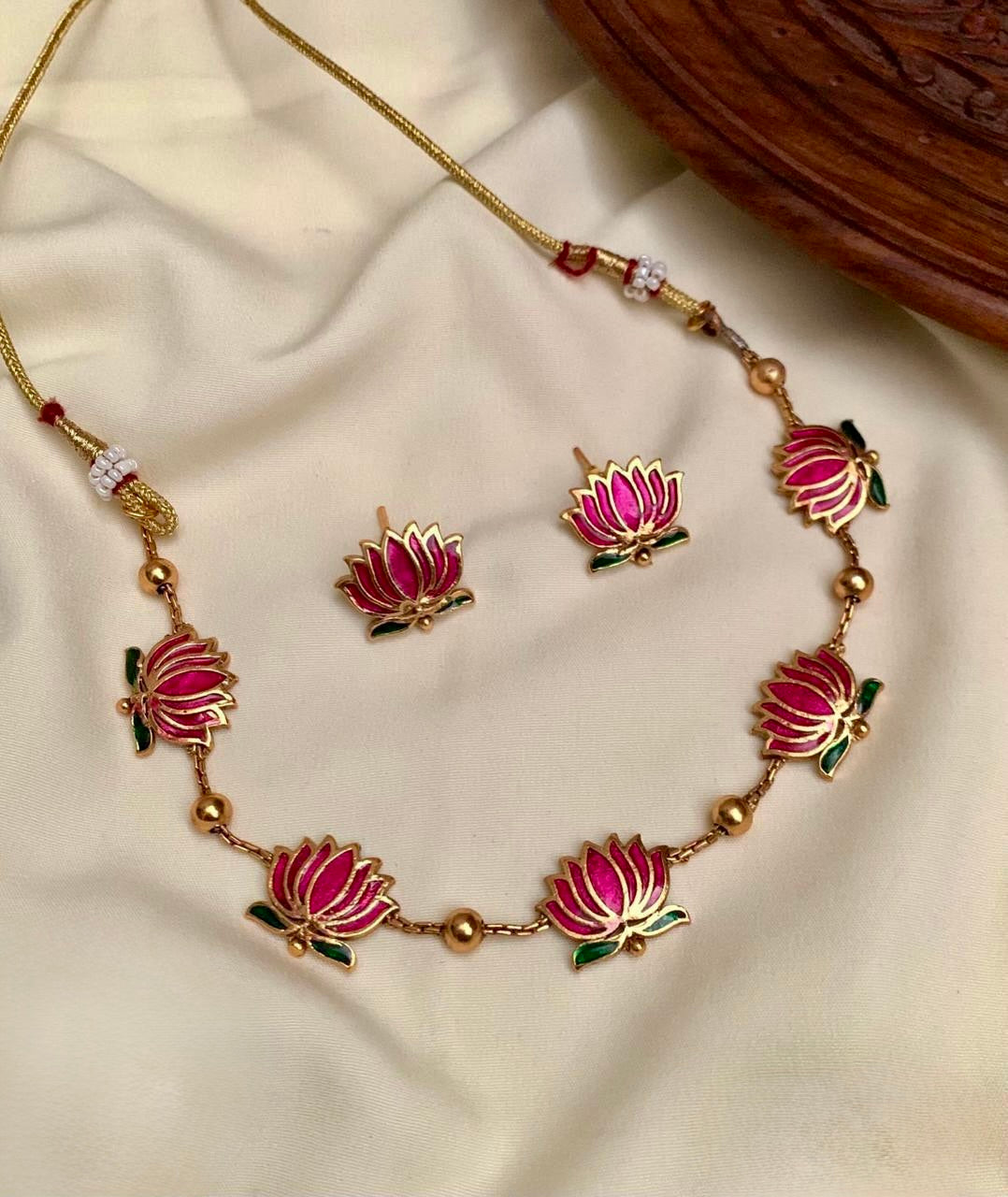 Manju - Pink and Green Lotus Choker with matching Stud Earrings
