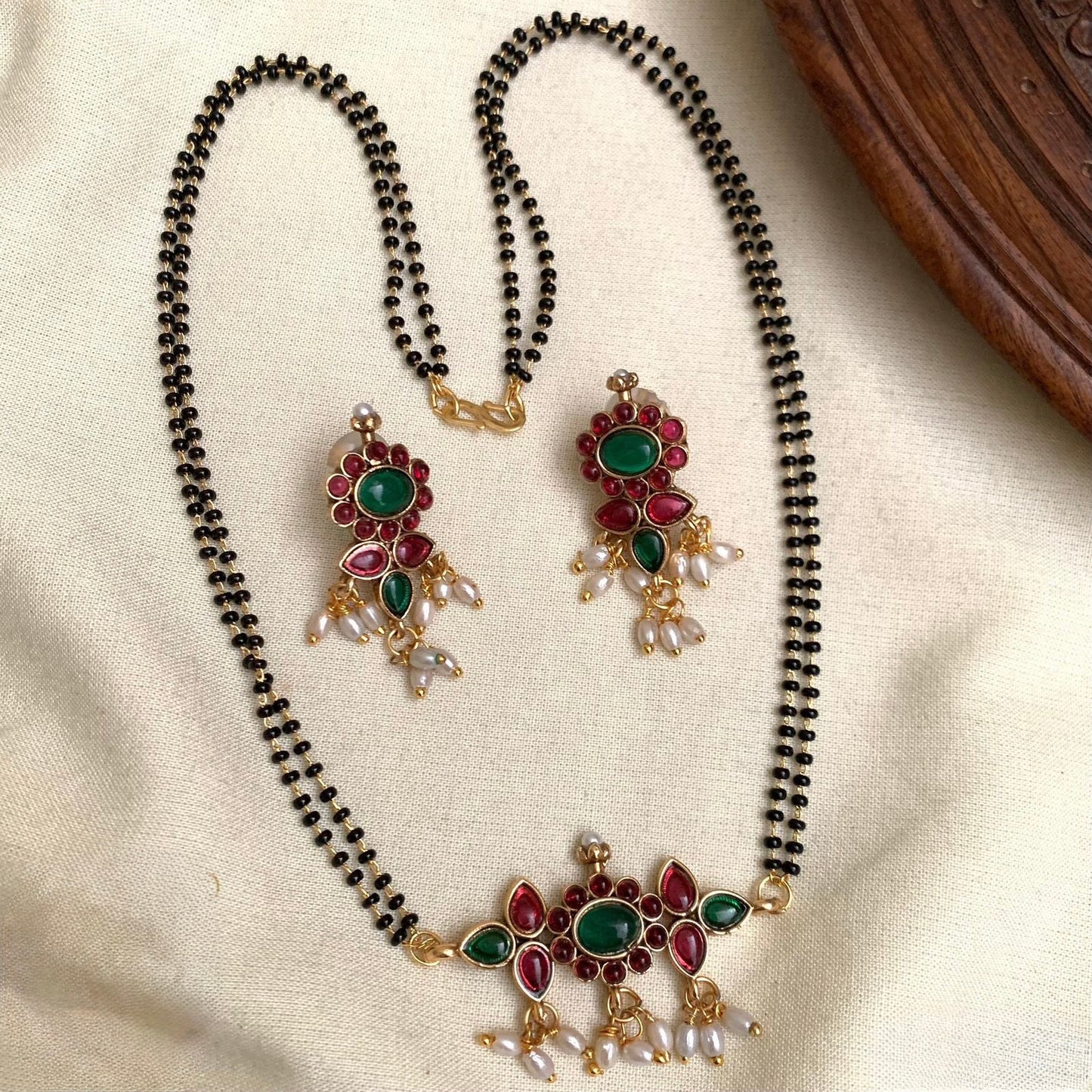 Mangala  - MangalSutra With Green and Red Stone Pendant and matching earring