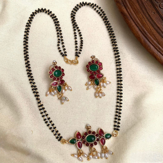 Mangala  - MangalSutra With Green and Red Stone Pendant and matching earring