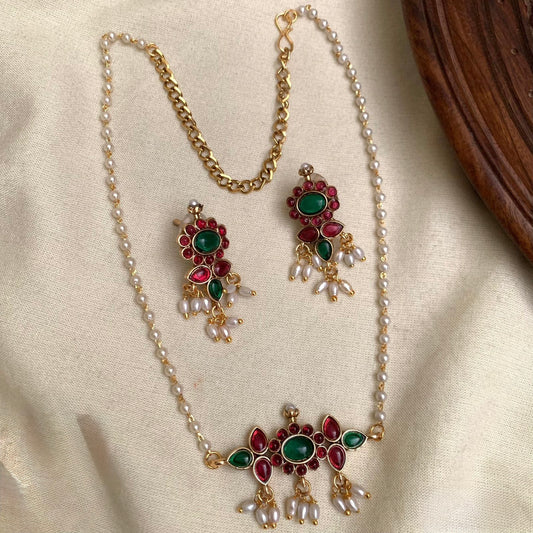 Mithra - Pearl Chain Necklace with Red and Green Pendant and Matching Earrings