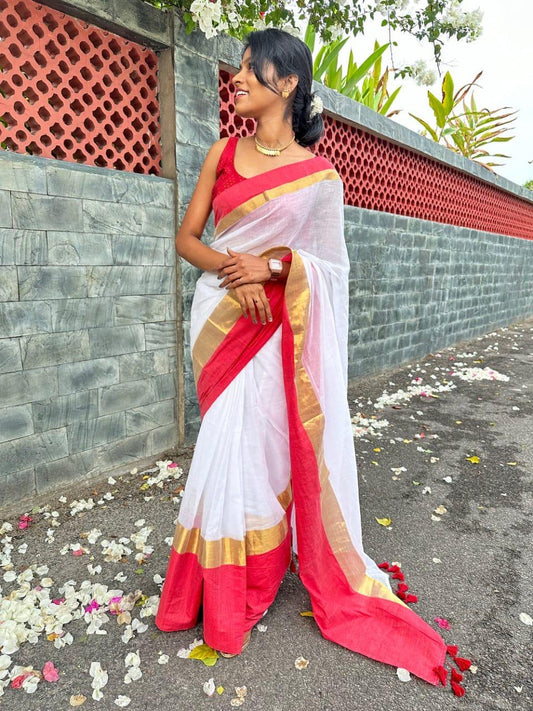 Manga - Red and White Mul Cotton Saree | Kerala Onam Saree