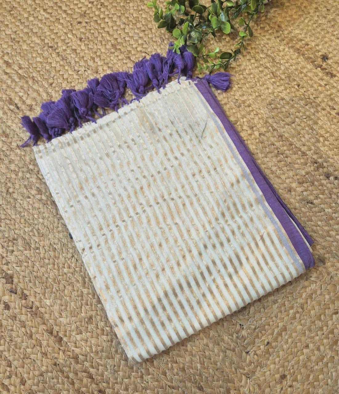 Manga - Lavender and White Stripe Mul Cotton Saree | Kerala Onam Saree
