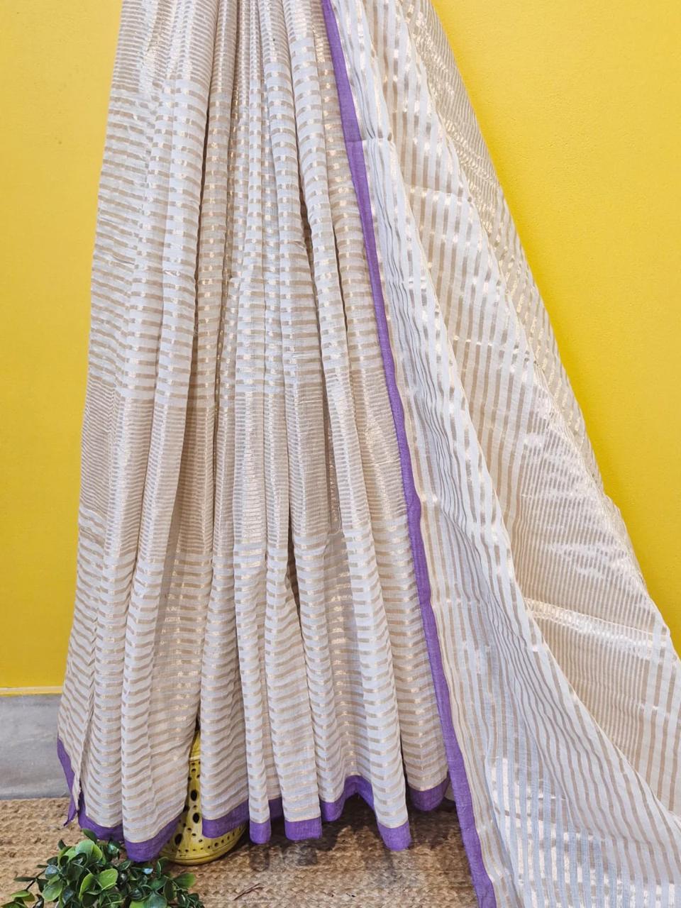 Manga - Lavender and White Stripe Mul Cotton Saree | Kerala Onam Saree