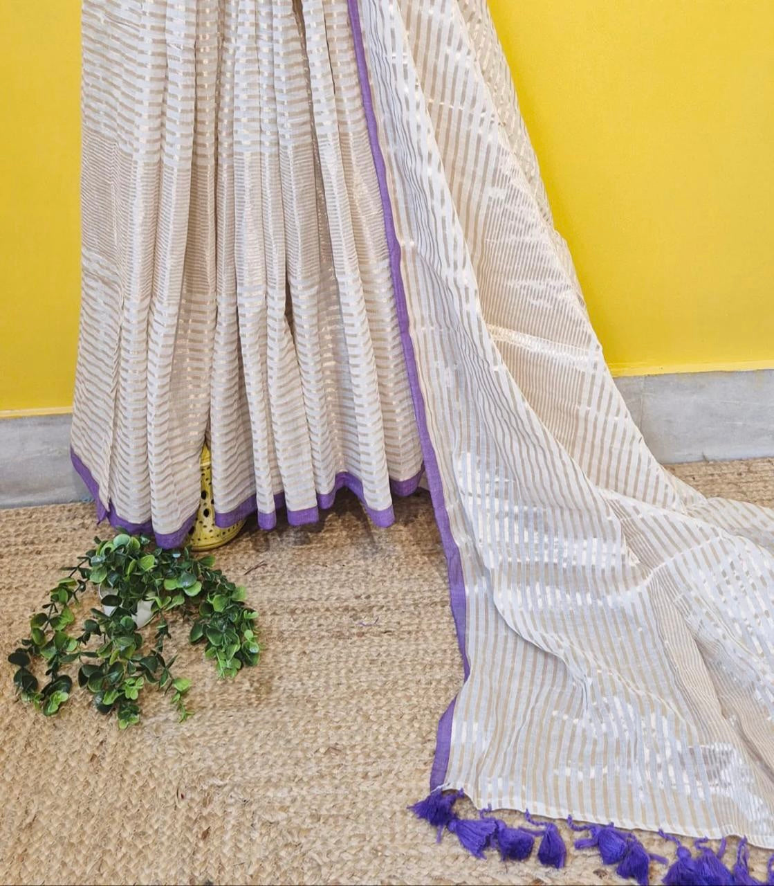 Manga - Lavender and White Stripe Mul Cotton Saree | Kerala Onam Saree