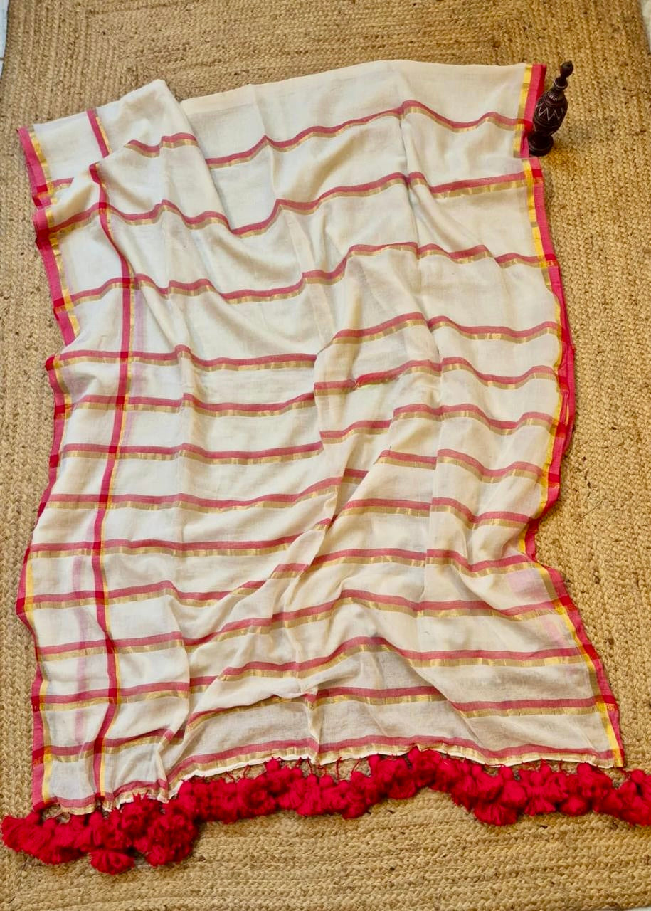 Manga - Red and White Stripe Mul Cotton Saree | Kerala Onam Saree