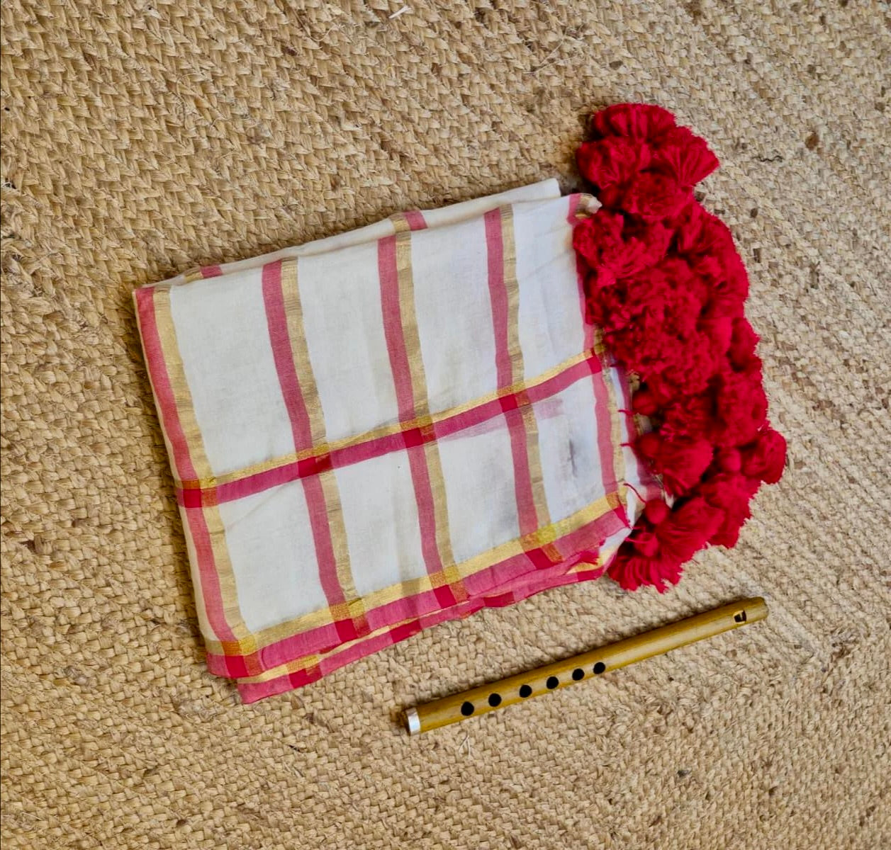Manga - Red and White Stripe Mul Cotton Saree | Kerala Onam Saree