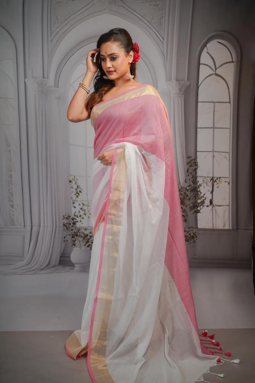 Manga - Pink Tie Die Mul Cotton Saree | Kerala Onam Saree