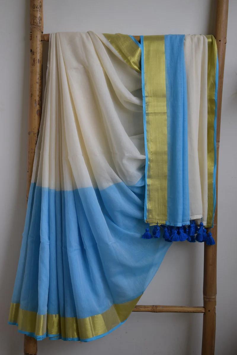 Manga - Blue Tie Die Mul Cotton Saree | Kerala Onam Saree