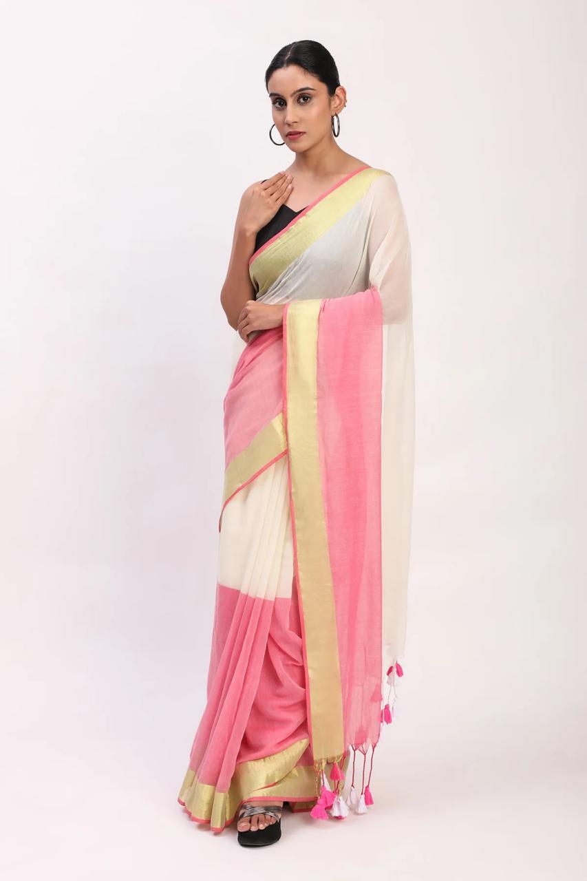 Manga - Pink Tie Die Mul Cotton Saree | Kerala Onam Saree