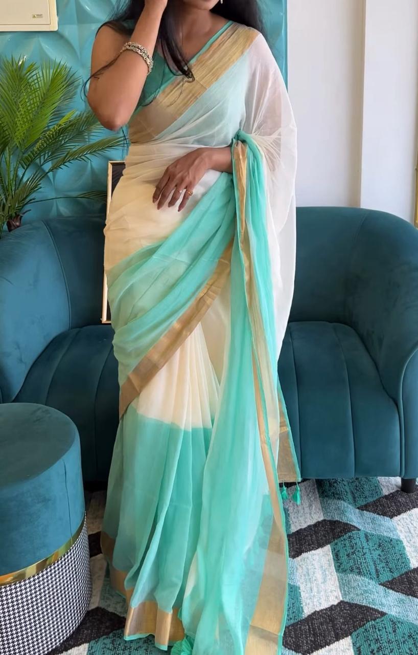 Manga - Sea Green Tie Die Mul Cotton Saree | Kerala Onam Saree