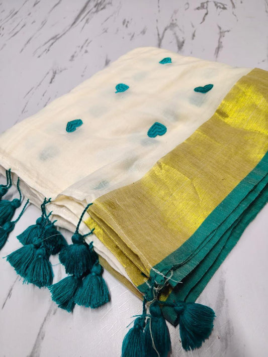Kairali - Green Heart Mul Cotton Saree | Kerala Saree