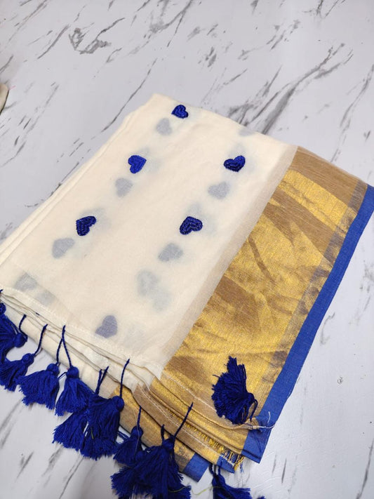 Kairali - Dark Blue Heart Mul Cotton Saree | Kerala Saree