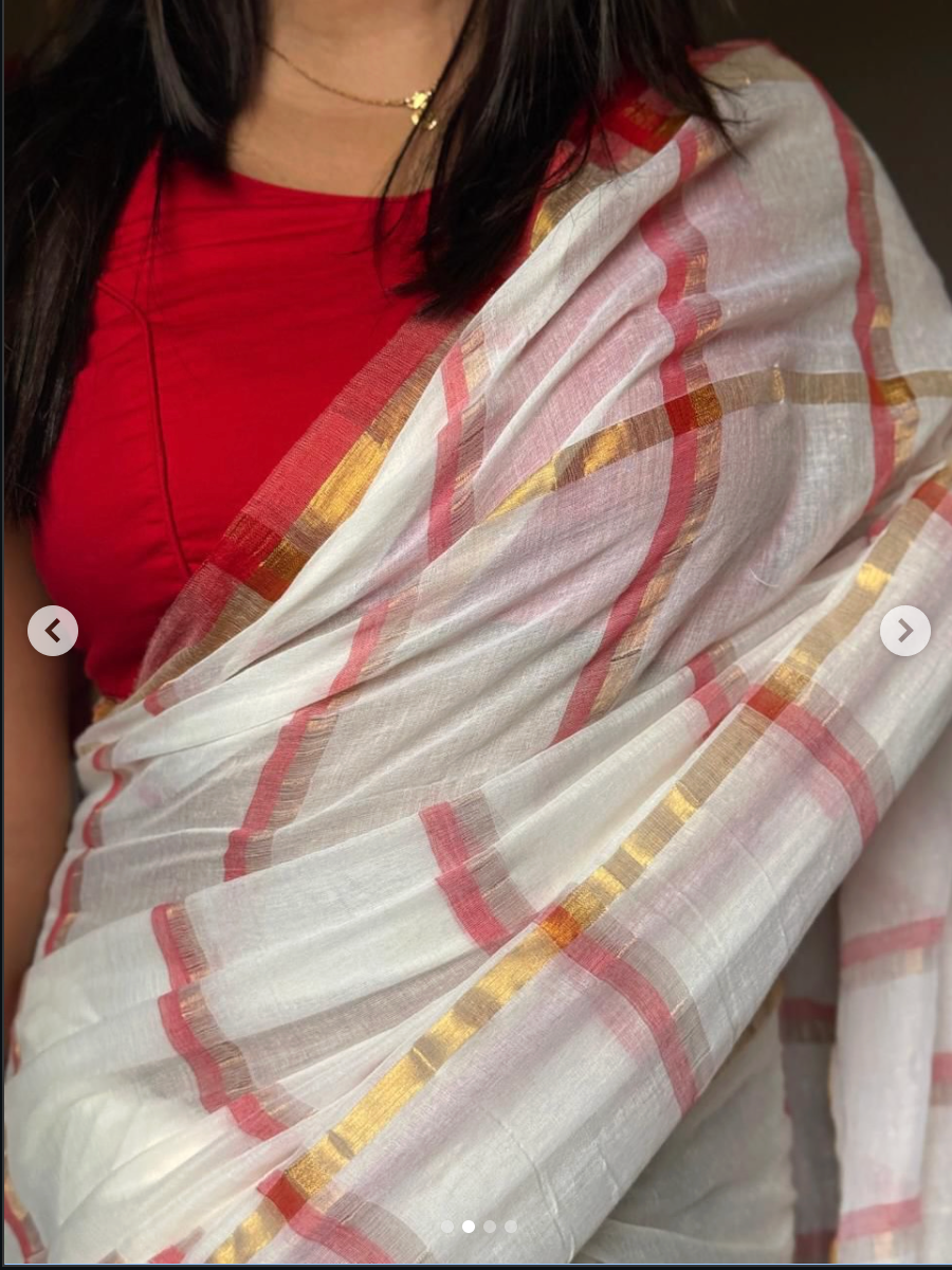Manga - Red and White Stripe Mul Cotton Saree | Kerala Onam Saree