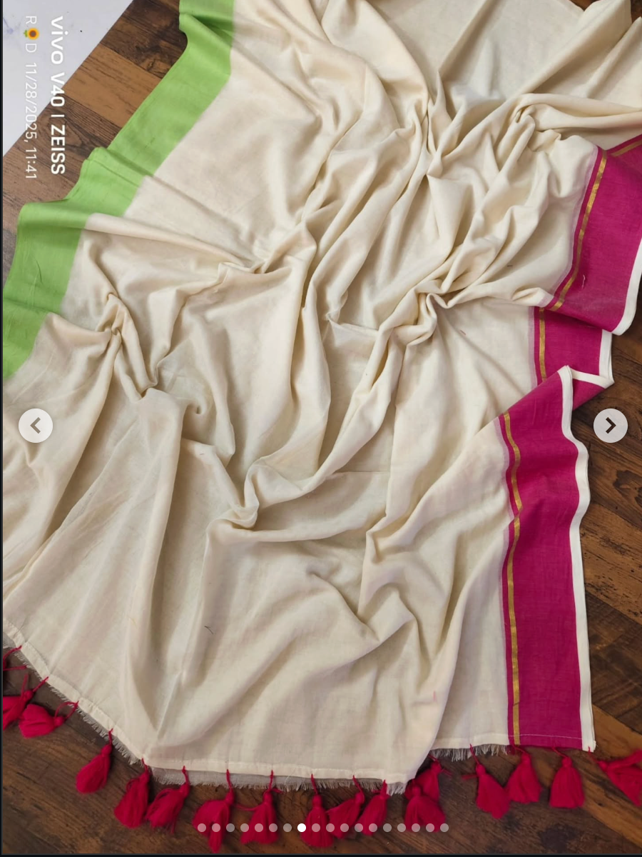 Manga - Pink Green and White Mul Cotton Saree | Kerala Onam Saree