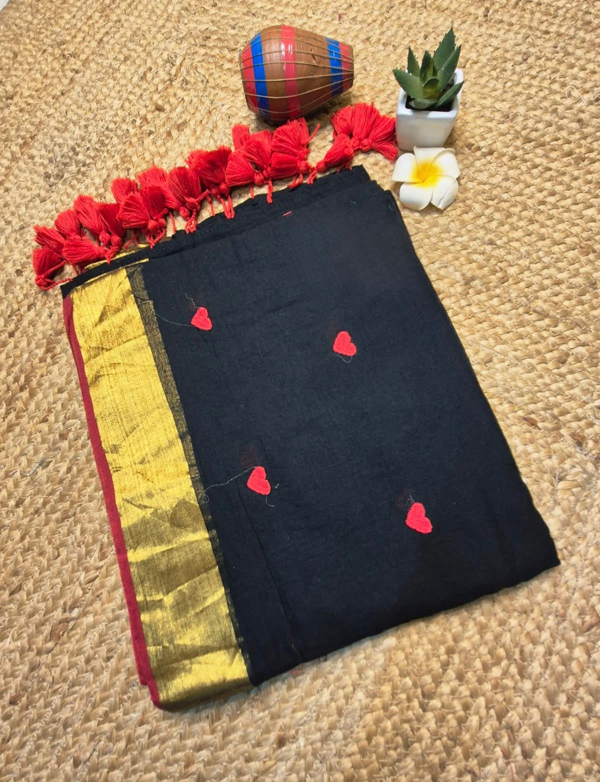 Dil - Black and Red Mul Cotton Saree with Heart