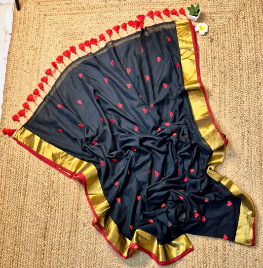 Dil - Black and Red Mul Cotton Saree with Heart