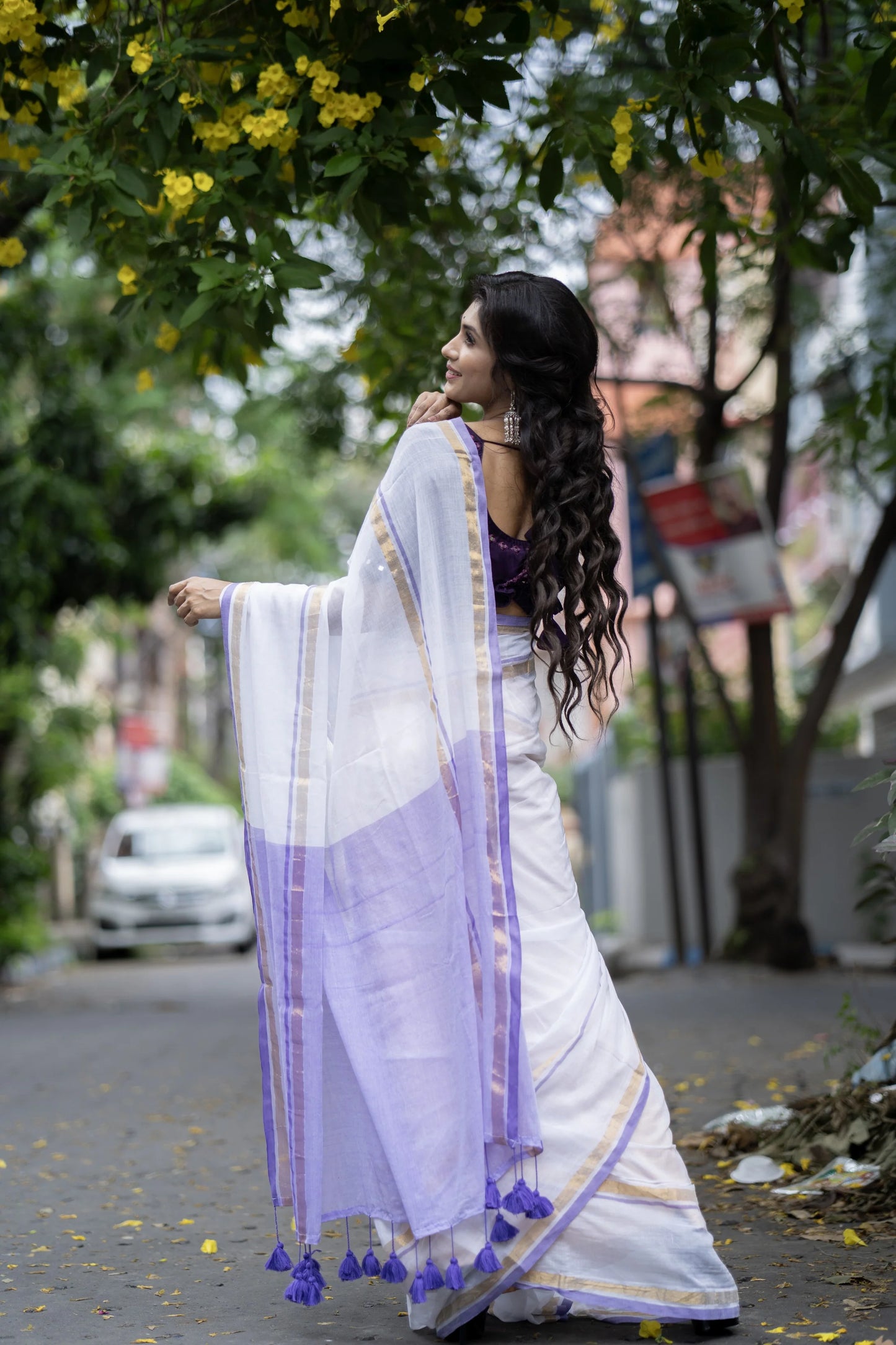 Manga - Lavender and White Mul Cotton Saree | Kerala Onam Saree