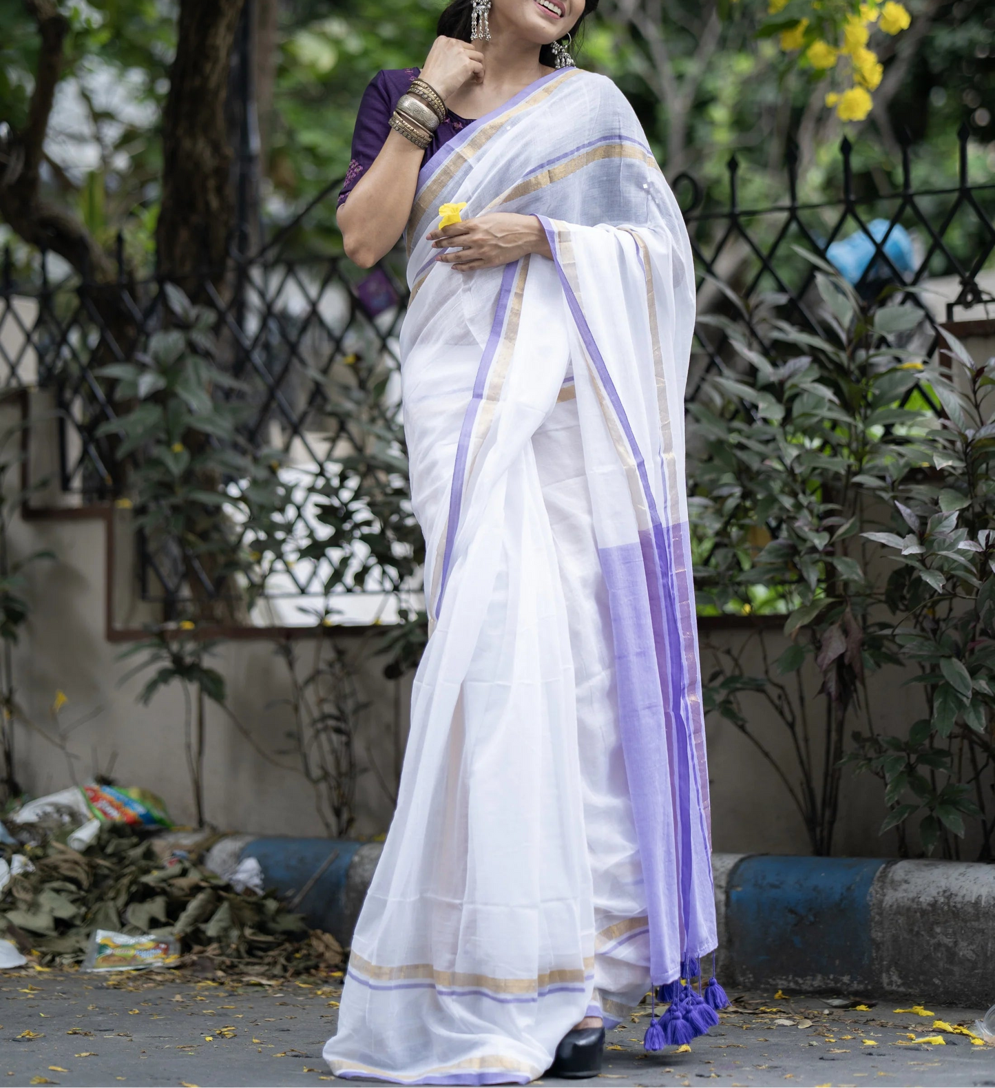 Manga - Lavender and White Mul Cotton Saree | Kerala Onam Saree