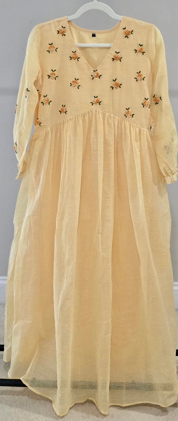 Pastel Yellow Alia Cut Dress/Kurta with Hand-Embroidered Bullion Floral Yoke