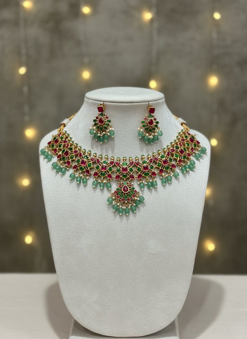 Jadau Kundan Pink and Green Choker