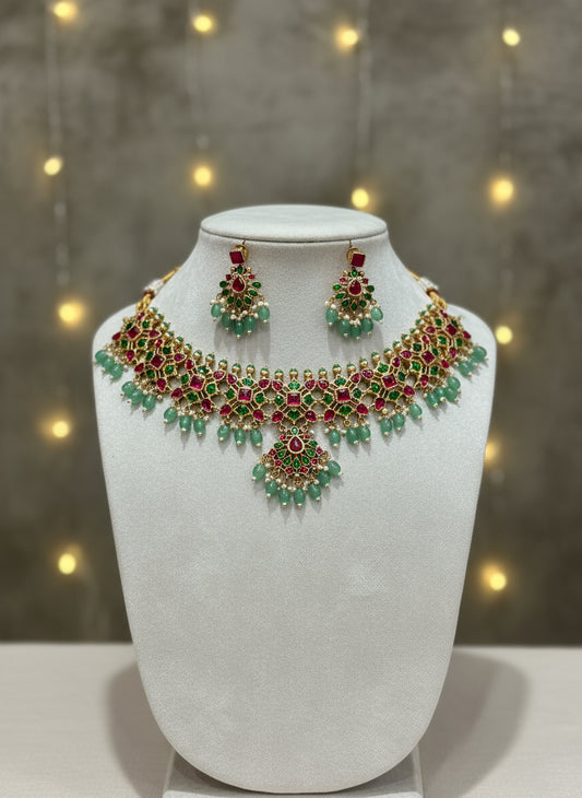 Jadau Kundan Pink and Green Choker
