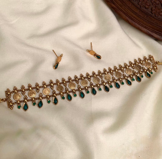 Nidhi - Kaashu Coin Choker with Green teardrop Stone
