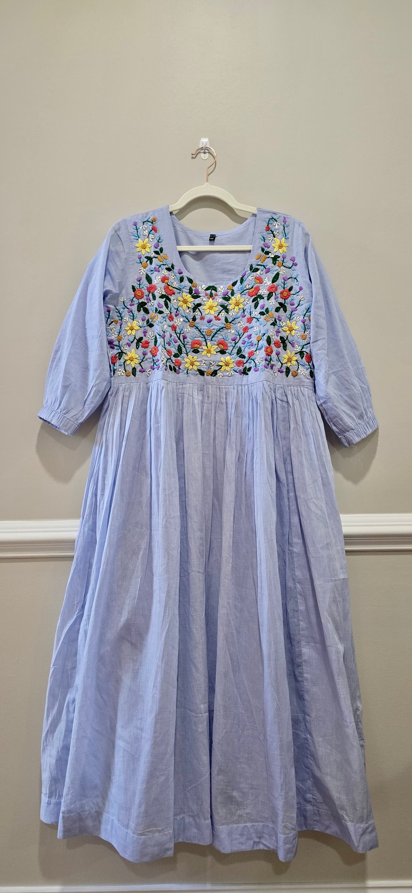 Light Blue Flared Dress/Kurta with Hand-Embroidered Floral Yoke