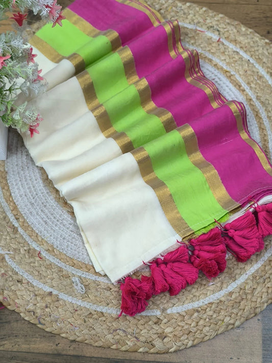 Manga - Pink, Green and White Mul Cotton Saree | Kerala Onam Saree
