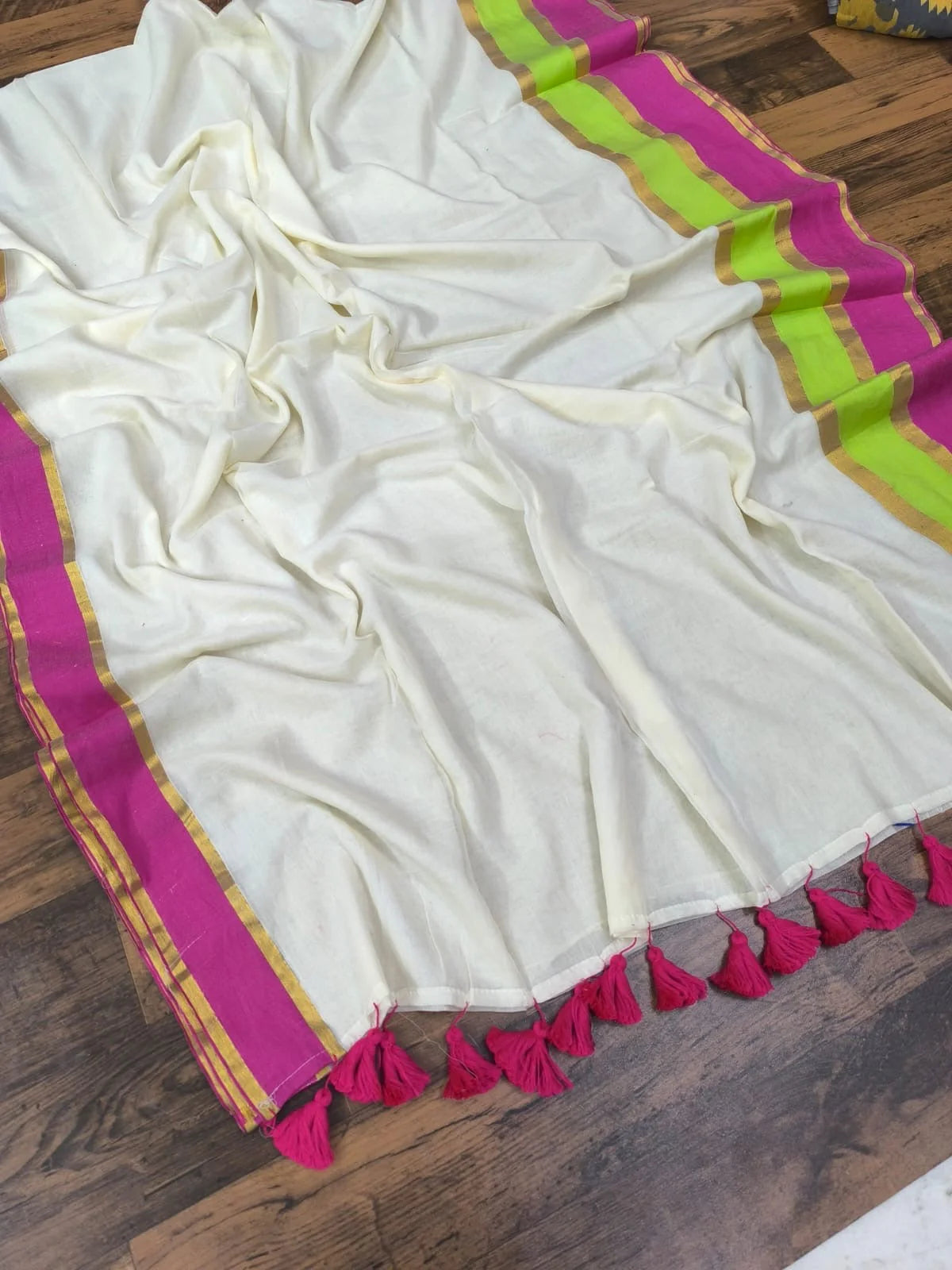 Manga - Pink, Green and White Mul Cotton Saree | Kerala Onam Saree