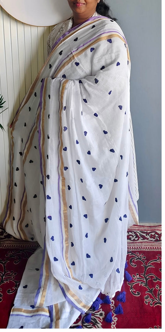 Kairali - Lavender Heart Mul Cotton Saree | Kerala Saree