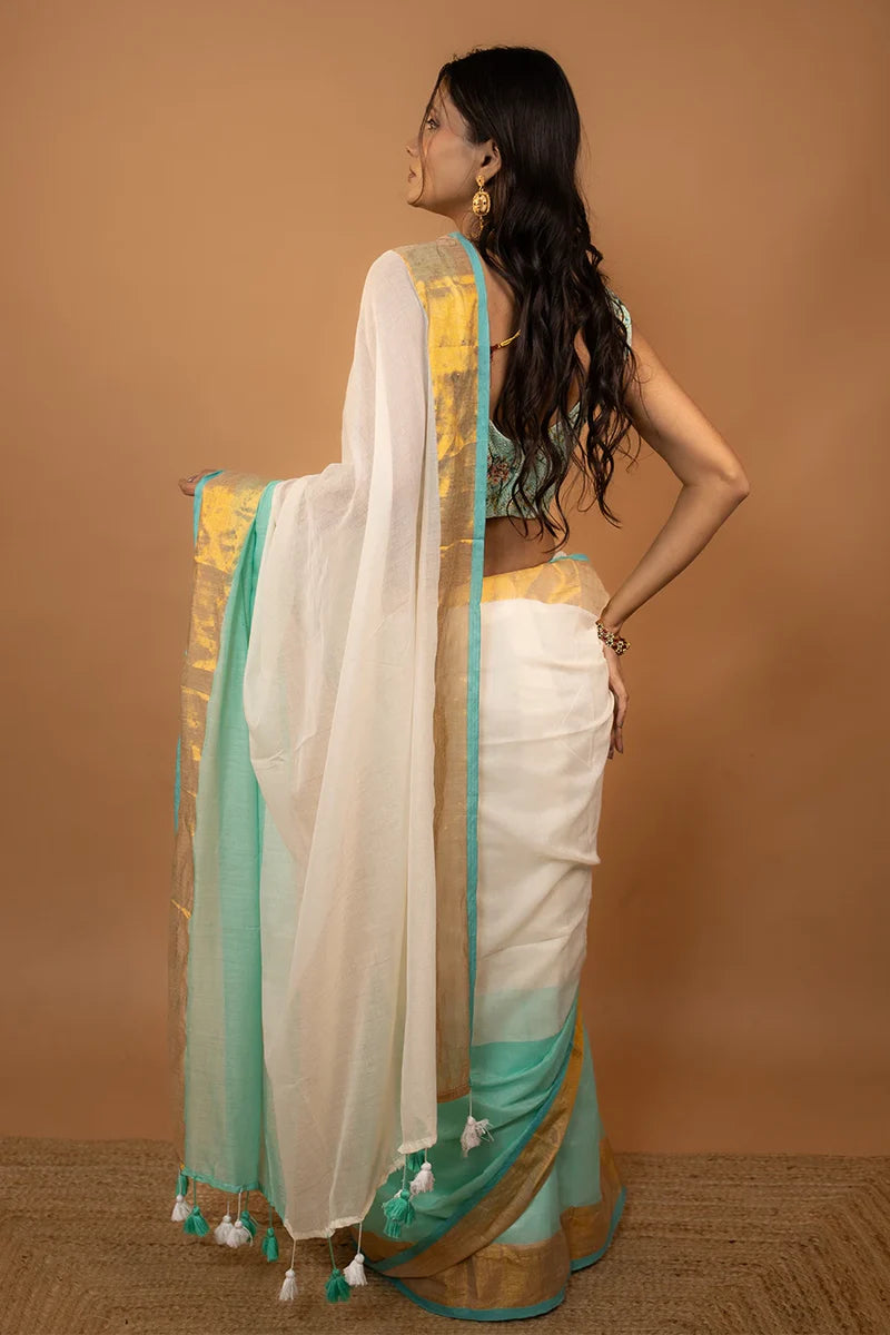 Manga - Sea Green Tie Die Mul Cotton Saree | Kerala Onam Saree