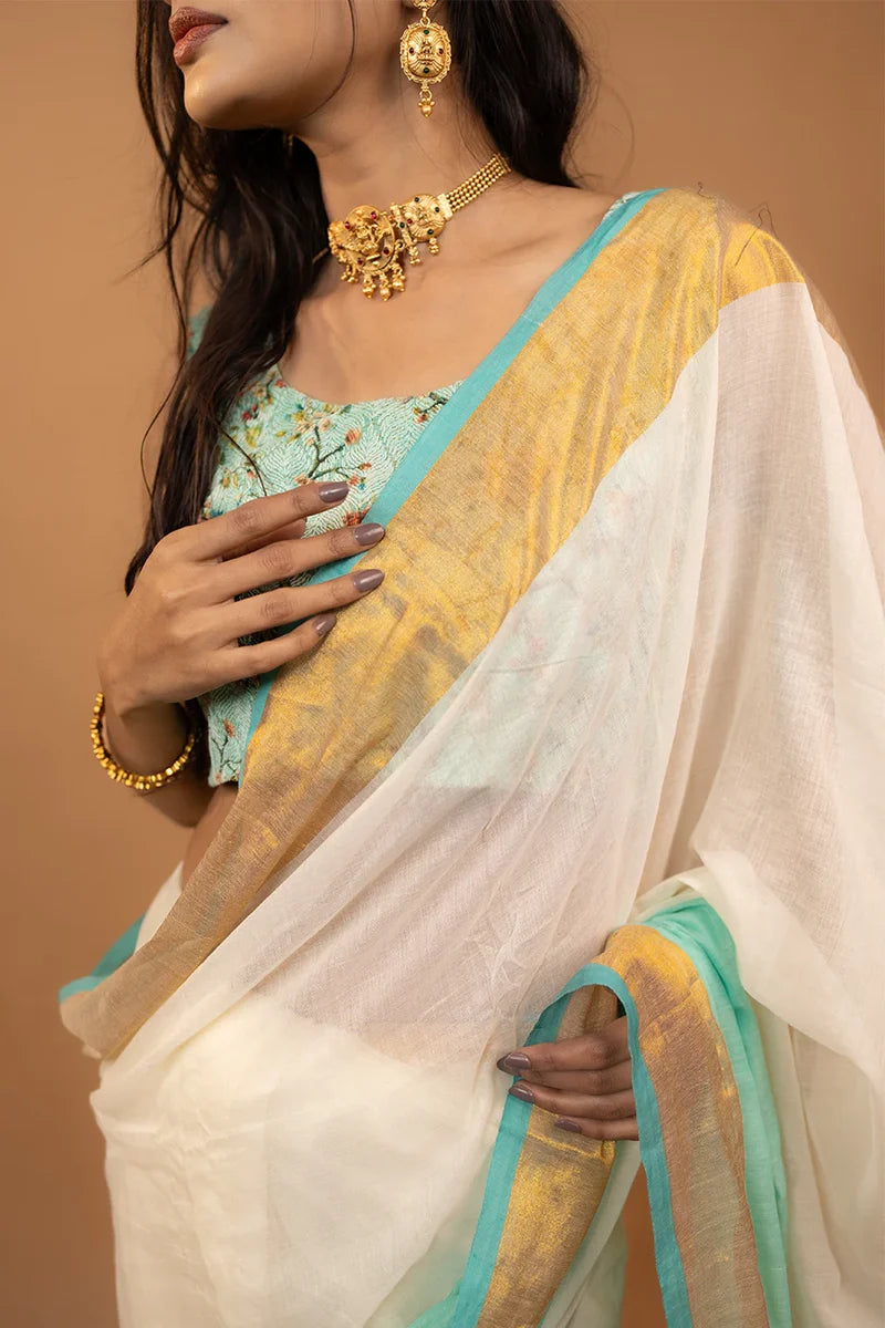 Manga - Sea Green Tie Die Mul Cotton Saree | Kerala Onam Saree