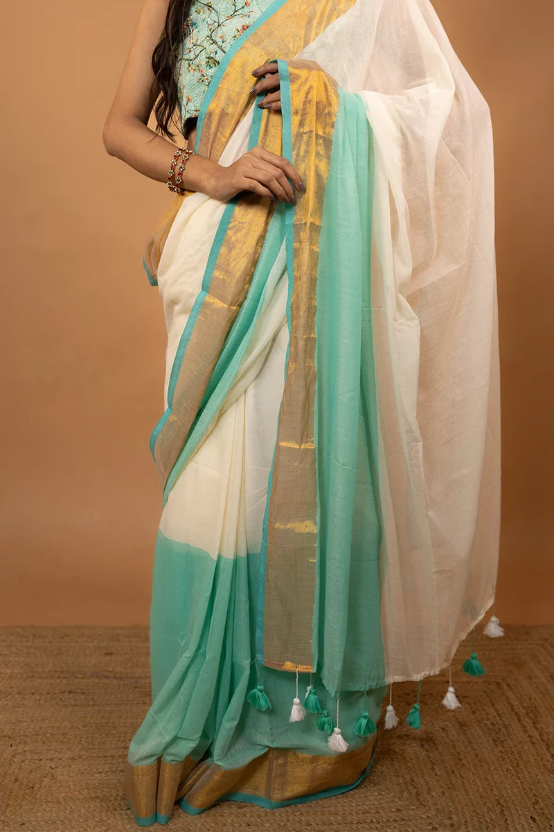 Manga - Sea Green Tie Die Mul Cotton Saree | Kerala Onam Saree